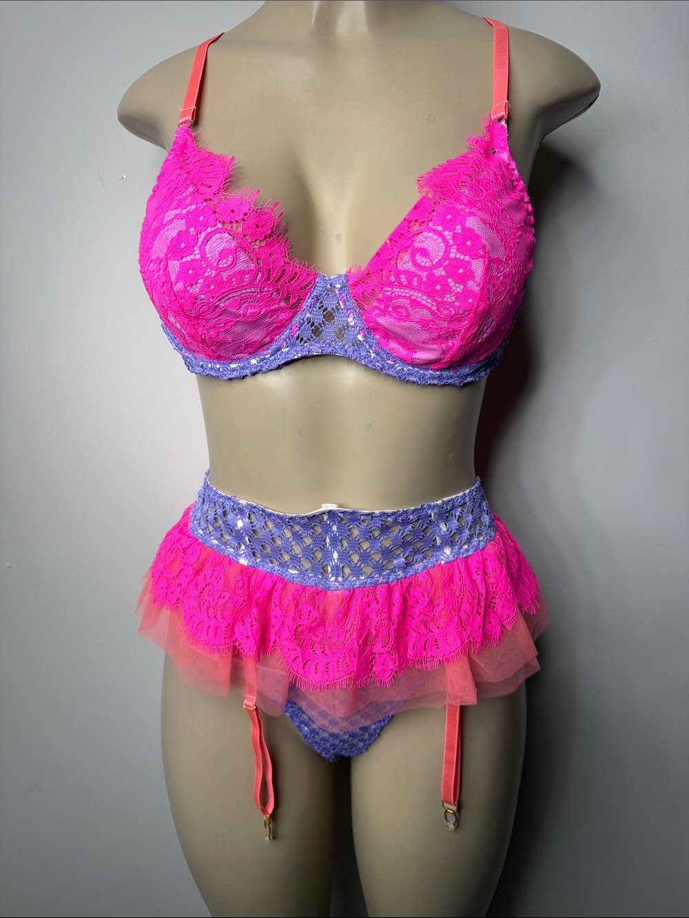 Pink & Lavender Lace Bra and Garter Skirt Set - Women's Intimates